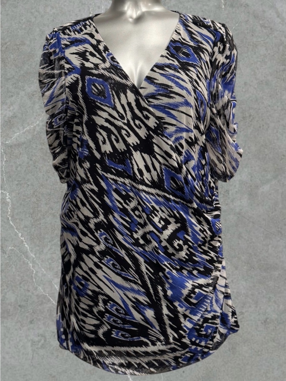 2 for $30 | Blue, Black & White Printed Wrap Blouse